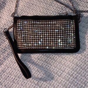 Starlet Brand Black Leather Purse/Wristlet/Clutch with Rhinestone Panel in Front